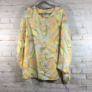 Rachel Zoe Womens 100% Linen Top Size 2X Floral Print Button up Beachy Coastal